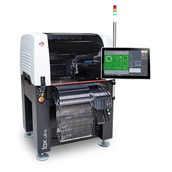 Image_Product_SCE_Essemtec_PickandPlace_Fox_1200x1200_JPG The Fox SMD Pick and Place can drive up to 200 feeder, illustrating its dedication to high-mix production. The machine is ideal for use in limited space production.